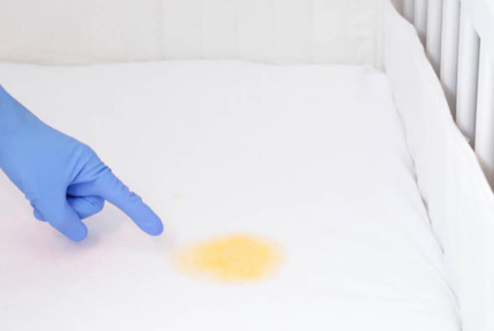 戴著手套的手指著床墊上的尿漬