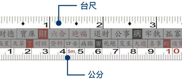 魯班尺有分為上下兩種尺寸 上方為台尺 下方為公分 橘家床墊