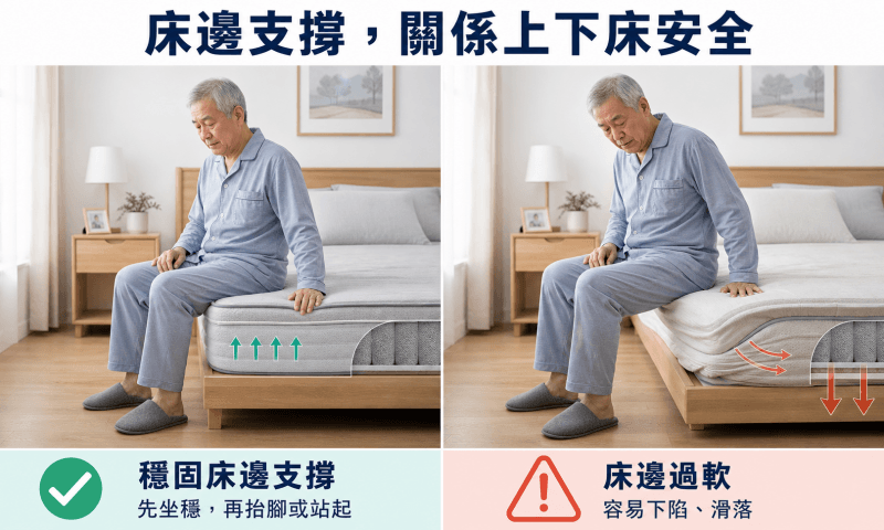 不論上下床,長輩都必須先坐穩了床邊,再進行抬腳上床的動作或站起下床。 床邊支撐性就很重要,床邊過軟容易滑落床墊摔傷。