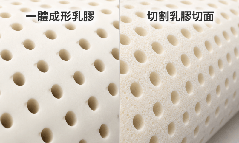 一體成形乳膠表面是平整有保護膜的，切割乳膠表面會明顯看到發泡的氣孔