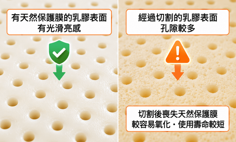 乳膠切割後表面會喪失天然的保護膜，切割乳膠較容易氧化使用壽命變短
