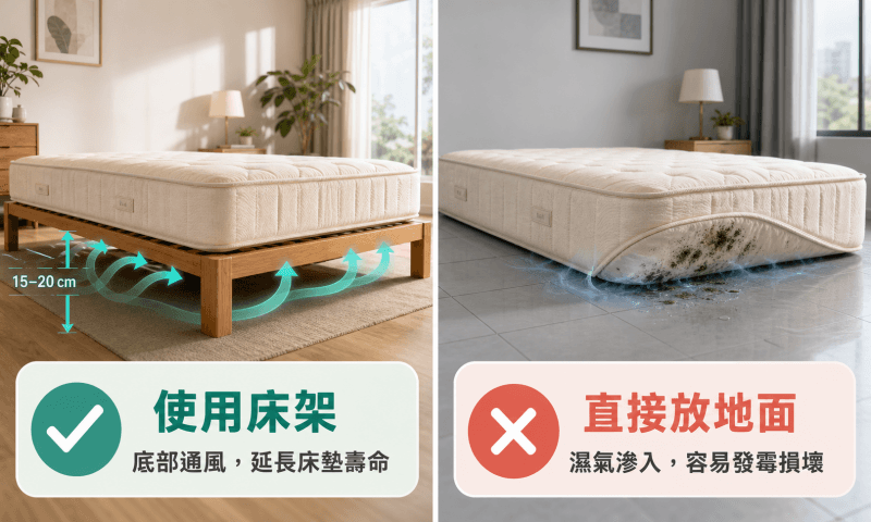 使用床架能延長床墊壽命,床墊直接放地上會有濕氣造成發霉