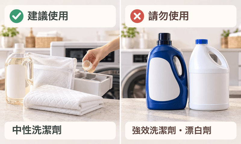 保潔墊建議使用中性洗潔劑清洗，特別注意不可以使用強效洗潔劑！更不可以使用漂白劑！