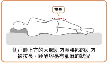 側睡時上方的大腿肌肉與腰部的肌肉被拉長睡醒容易有腳麻的狀況2