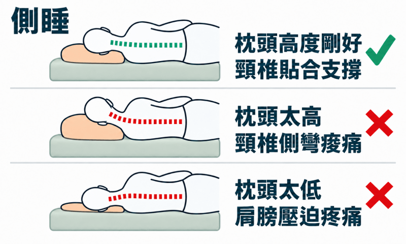 側睡躺時頭部和整個身體要保持一直線，避免枕頭太高或太低