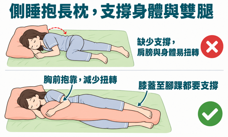 側睡需要一顆長度足夠，可以抱著並夾在兩腿之間膝蓋至腳踝處的長抱枕，幫助支撐腿部，並且防止身體及肩膀扭轉