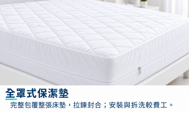 全罩式保潔墊：完全包覆整張床墊，360度全面防護，但安裝與拆洗較不容易
