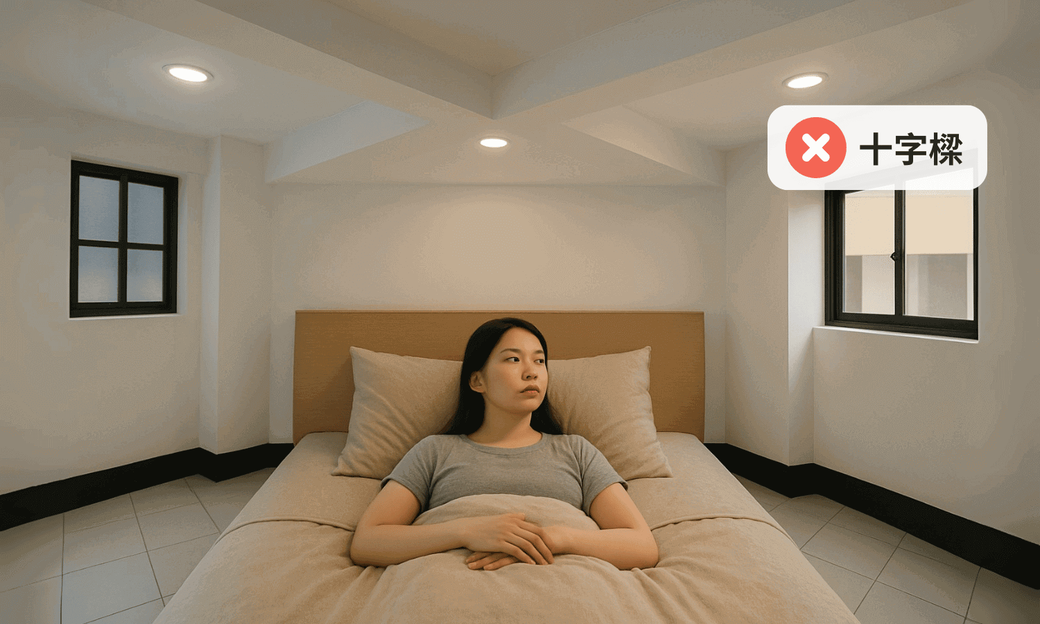十字樑的兩根橫樑交叉在床上方，讓人感到壓力。