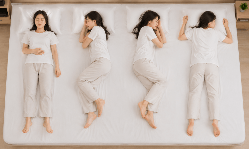 各種睡眠姿勢，正躺、左側睡、右側睡、趴睡