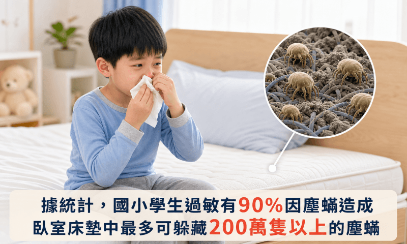 國小學生過敏有90%因塵蟎造成，臥室床墊中最多可躲藏200萬隻以上的塵蟎