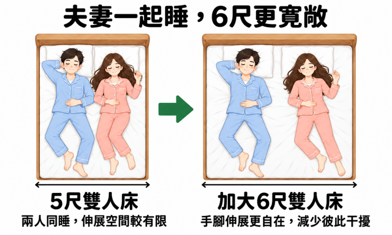 夫妻兩人一起睡且房間空間夠大，除了5尺雙人床更建議買加大6尺雙人床