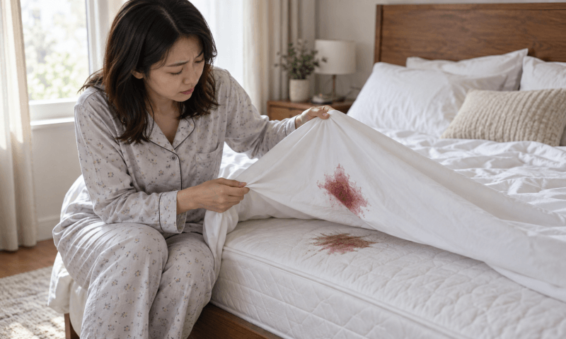 女性月經來經血造成床墊髒污