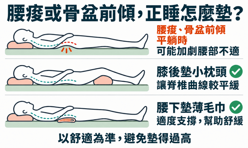 容易腰酸或骨盆前傾，正睡時在膝蓋後側加小枕頭墊高、在腰部加毛巾墊高，能幫助改善腰痠背痛問題