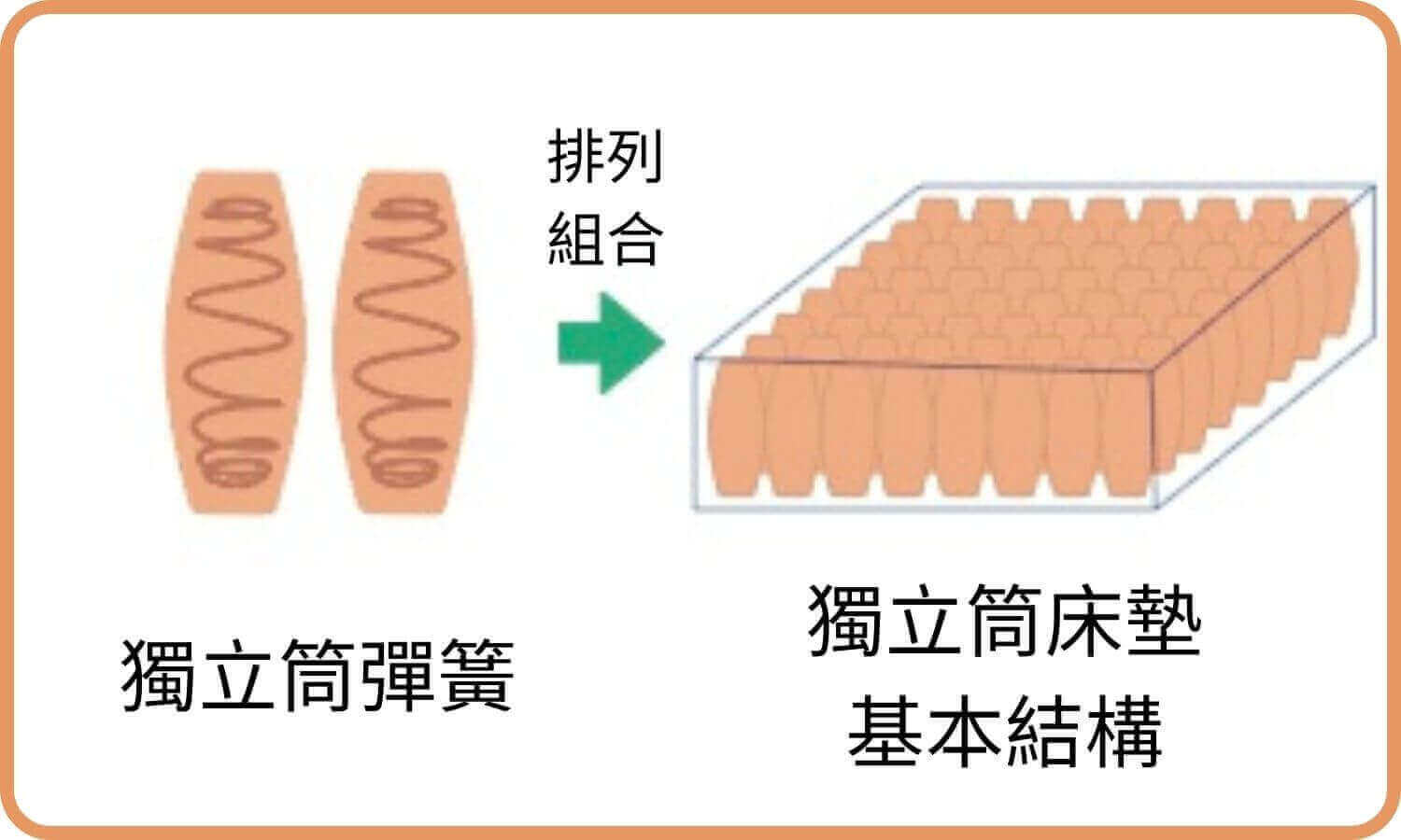 將獨立筒彈簧整齊排列，組合成獨立筒床墊基本結構