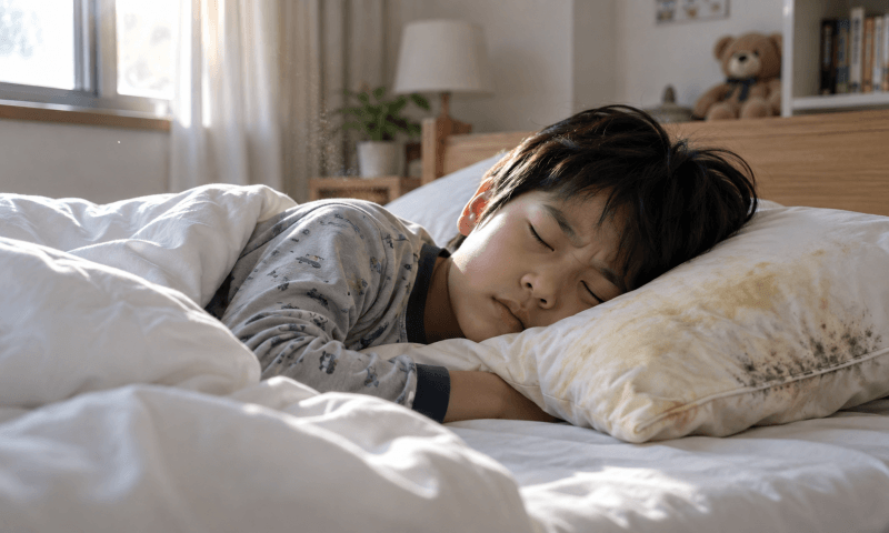 小孩子睡在泛黃發霉的枕頭上