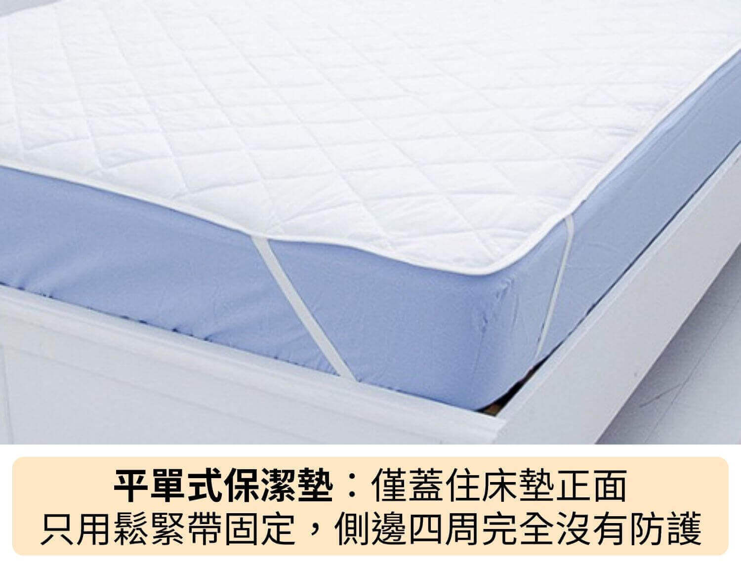 平單式保潔墊：僅蓋住床墊正面，只用鬆緊帶固定，側邊四周完全沒有防護