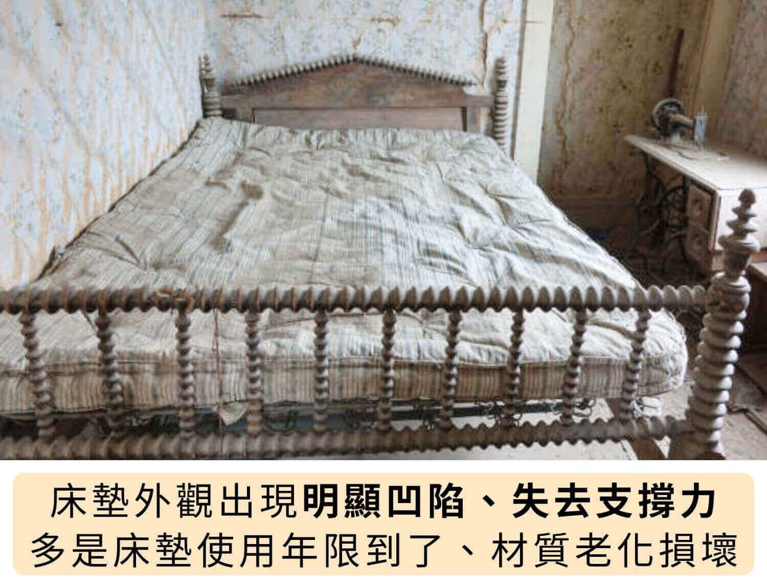 床墊外觀出現明顯凹陷、失去支撐力，多是床墊使用年限到了、材質老化損壞