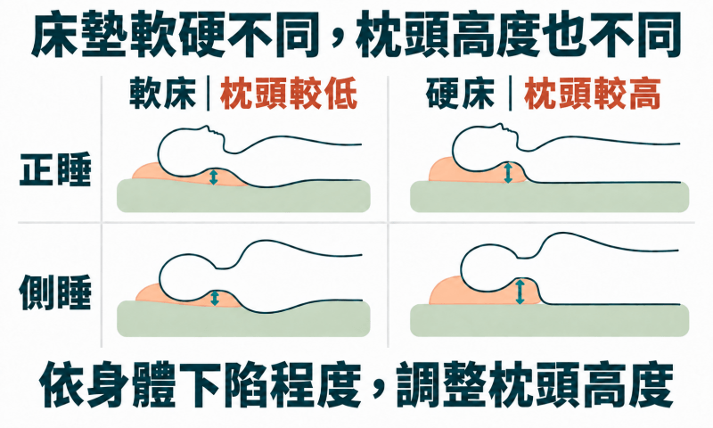 床墊軟硬不同，所需要的枕頭高度也有差異，軟床需要的枕頭較低，硬床則相反