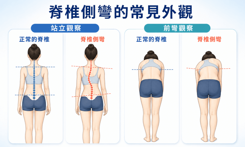 從背後觀察使否脊椎側彎的方法