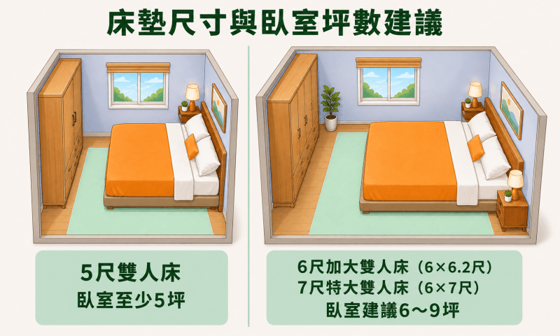 房間要放5尺雙人床，臥室空間至少5坪以上，6尺加大雙人床墊(6x6.2尺)或7尺特大雙人床(6x7尺)，建議臥室空間至少要6至9坪