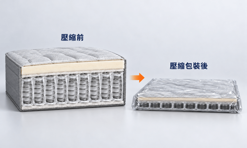 捲包床墊中的獨立筒彈簧在整張床墊抽成真空後，會完全的壓扁