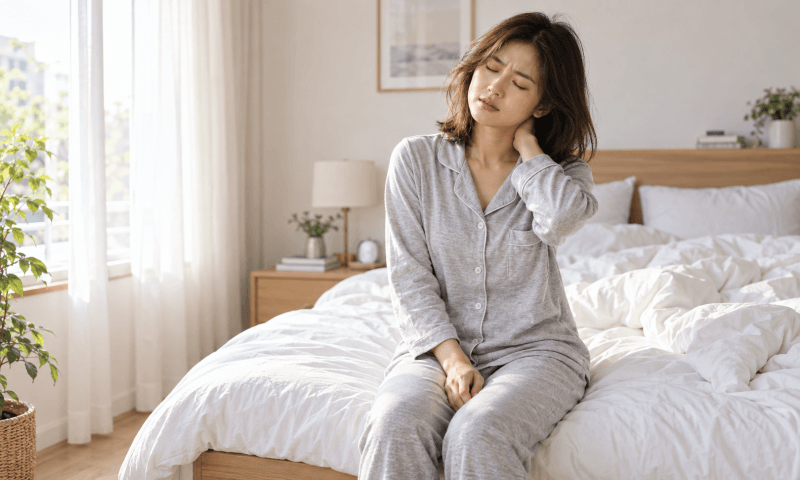 東方女性早上起床落枕肩頸酸痛圖