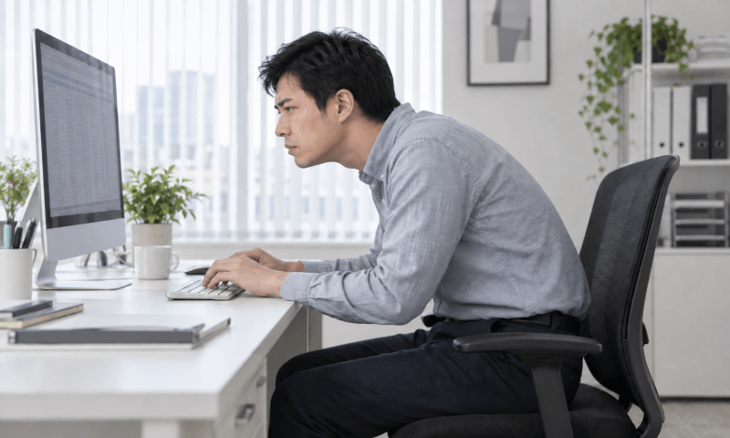 東方男性在辦公桌前脖子前伸駝背用電腦
