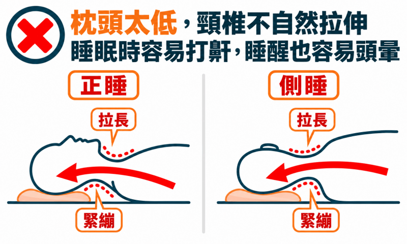 枕頭太低則會讓頸椎不自然的拉伸，容易打呼也可能導致腦充血睡醒頭暈