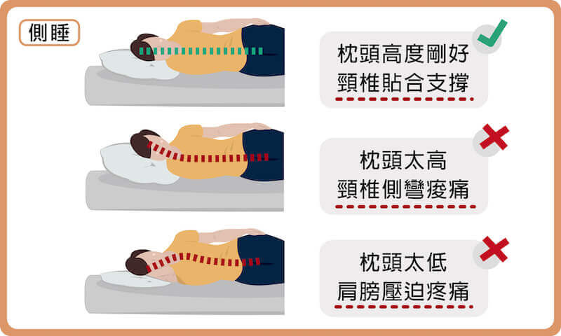 側睡時，正確的枕頭高度能貼合支撐頸椎、避免頸椎側彎酸痛、肩膀受壓迫。