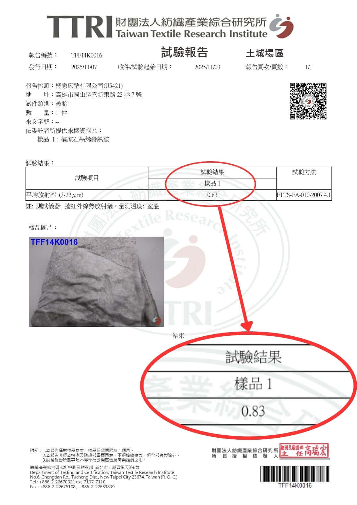 橘家石墨烯循環發熱被遠紅外線發射率達83%-放大鏡