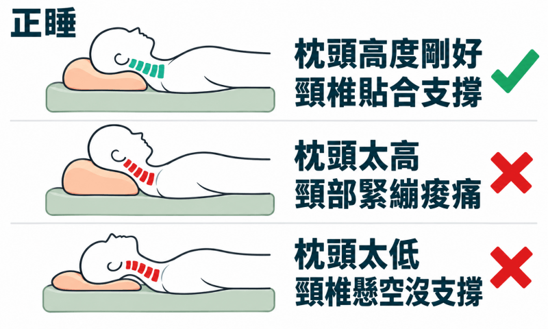 正睡(仰睡)時，枕頭高度正確圖，太高太低都不對