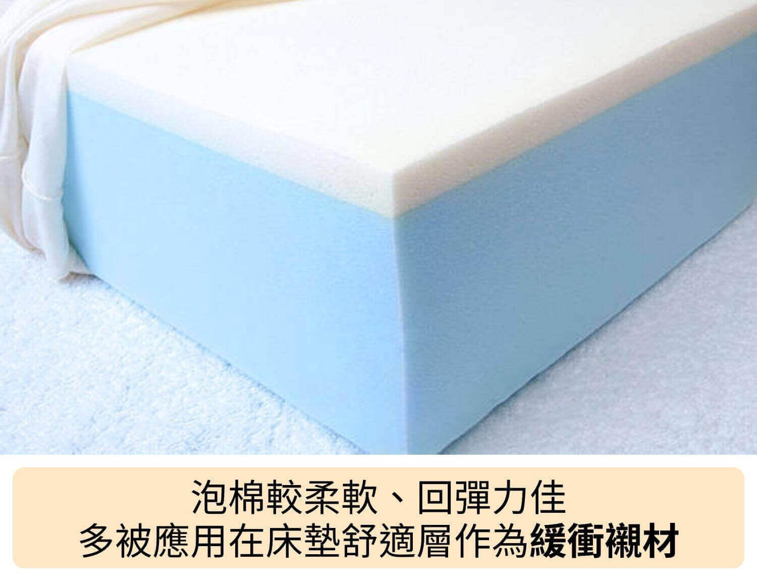 泡棉較柔軟、回彈力佳，多被應用在床墊舒適層作為緩衝襯材