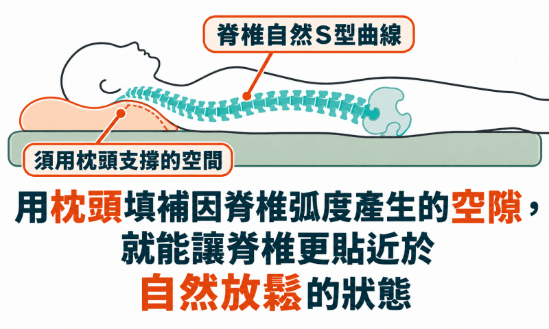 用枕頭填補因脊椎弧度產生的空隙，就能讓躺著的身體更貼近於自然放鬆的狀態