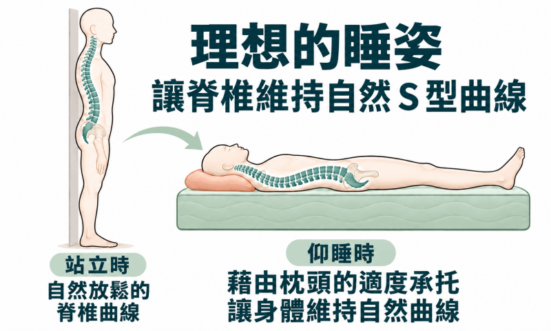 站立時脊椎呈現Ｓ型的弧度，是身體最自然放鬆的狀態，睡眠的時候藉由枕頭適度支撐頭部讓脊椎曲線和站著時一樣，就是最理想的睡姿
