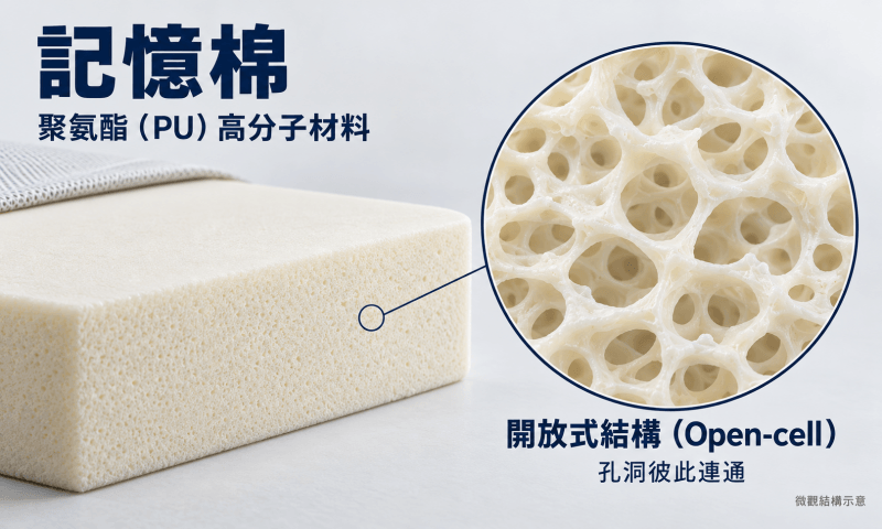 記憶床墊所使用的材料為「記憶棉」，記憶棉是開放式結構(open-cell)的聚氨酯高分子聚合物