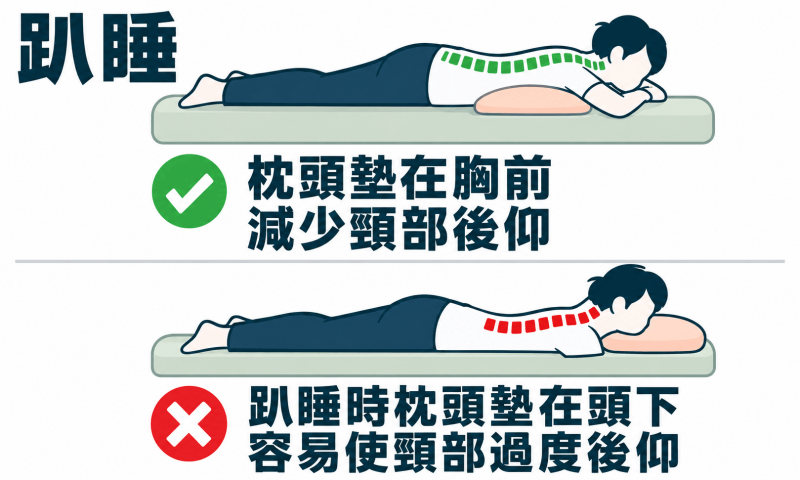 趴睡時建議將枕頭墊在胸前，減少頸部不正後仰