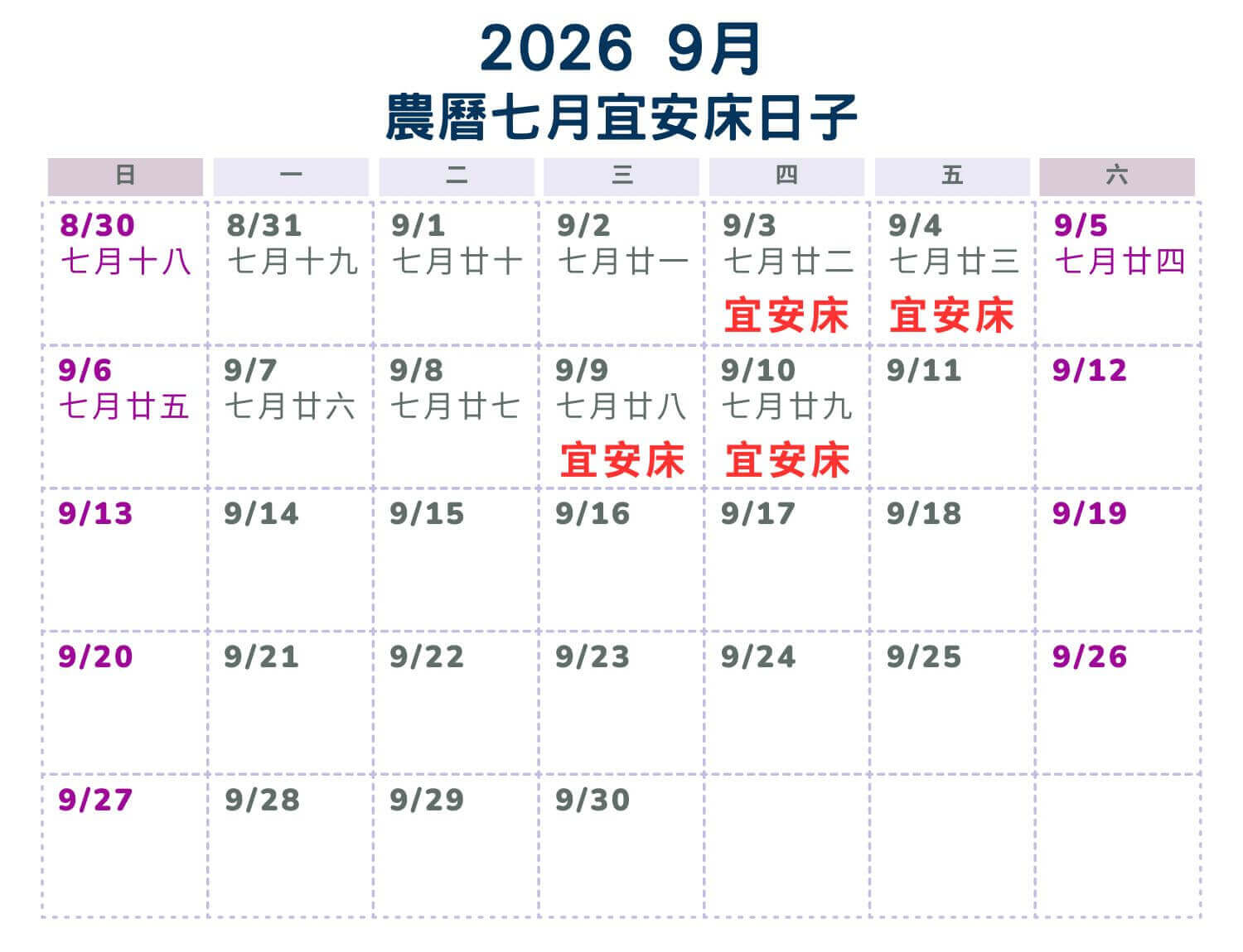 農曆七月宜安床日子-202609