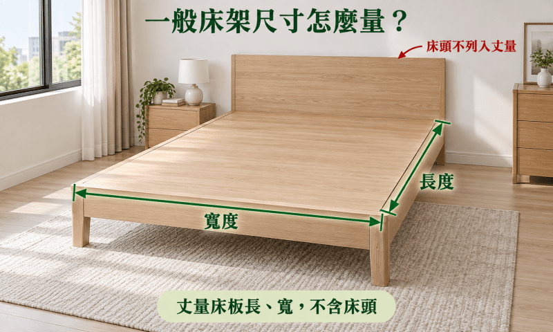 量床架中放床墊平面的長寬即可，不需要加上床頭板厚度