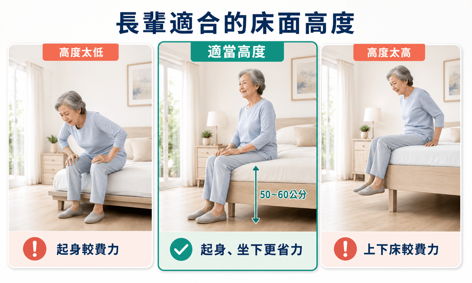 長輩適合的床墊加上床架整體高度為50至60公分,太高或太低都不恰當