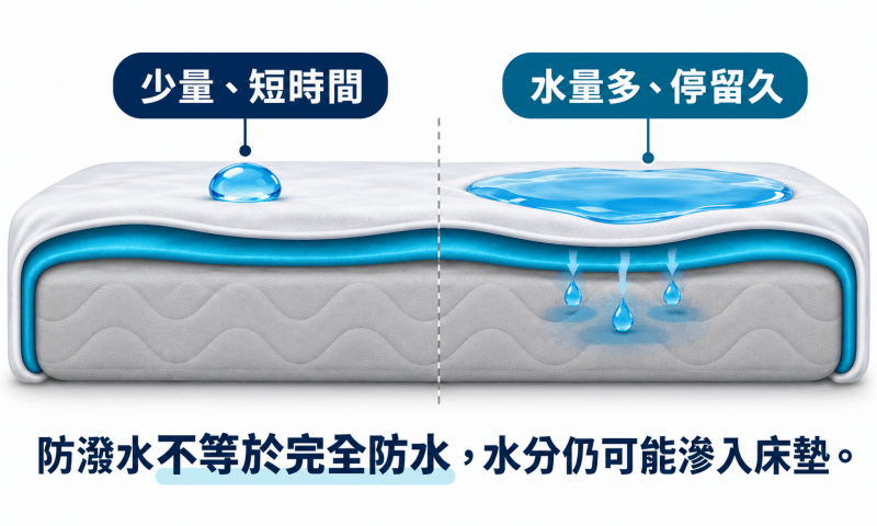 防潑水保潔墊具疏水性，但並非完全防水，水量太多或時間太長，水份還是會穿透滲入床墊