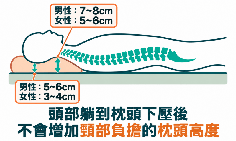 頭部躺到枕頭後，枕頭會下沉，不會讓頸部負擔的枕頭高度最佳